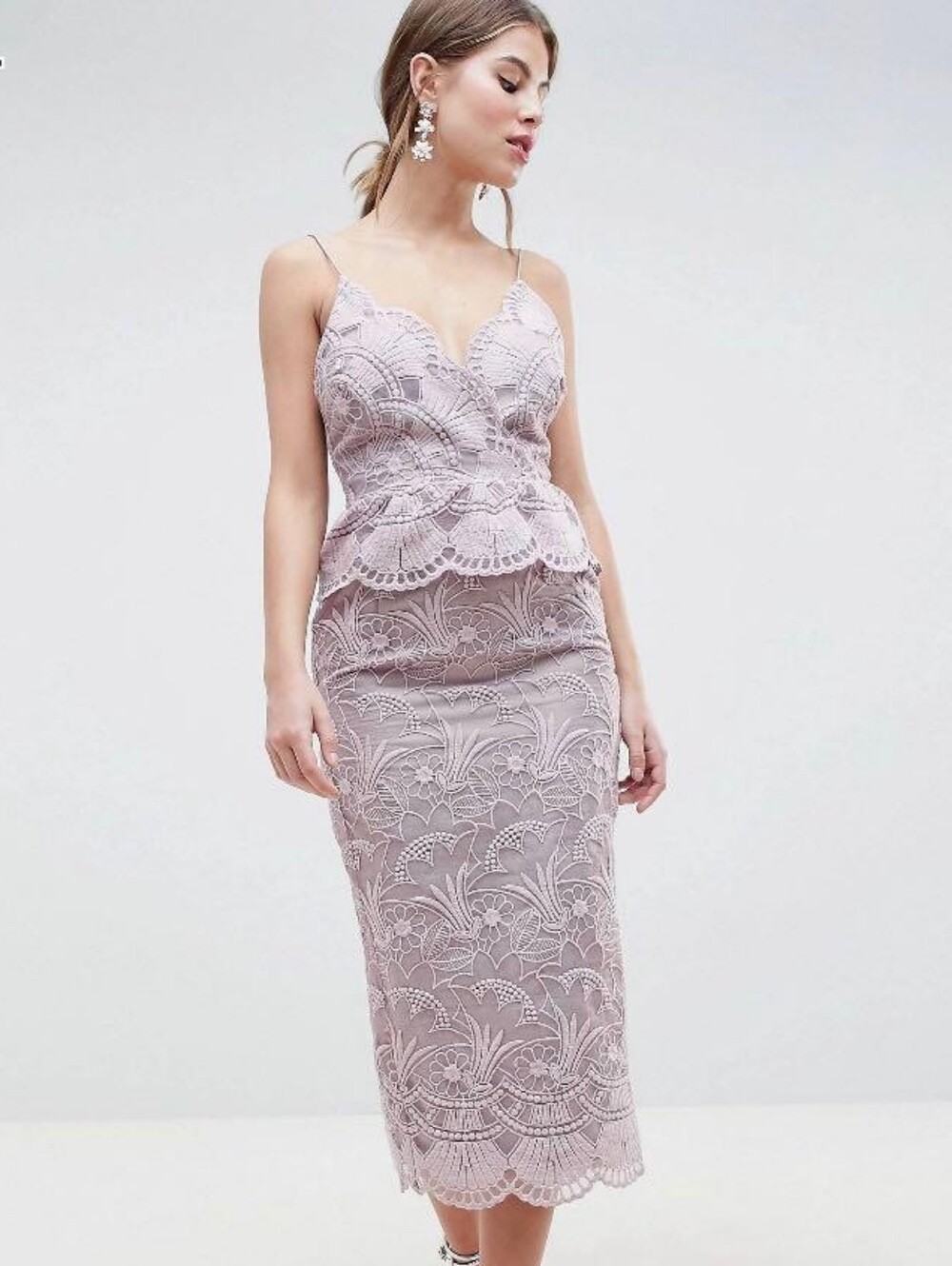ASOS SALON Scallop Seashell mermaid shell lace mauve purple midi fitted size 4
